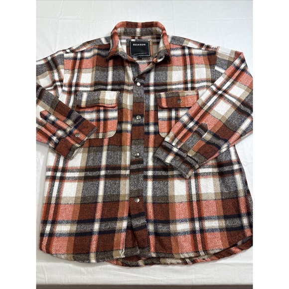 Reason HEAVY Plaid  RED/BLK/WHT Flannel Snap Front Shirt   MENS LARGE - Picture 1 of 8